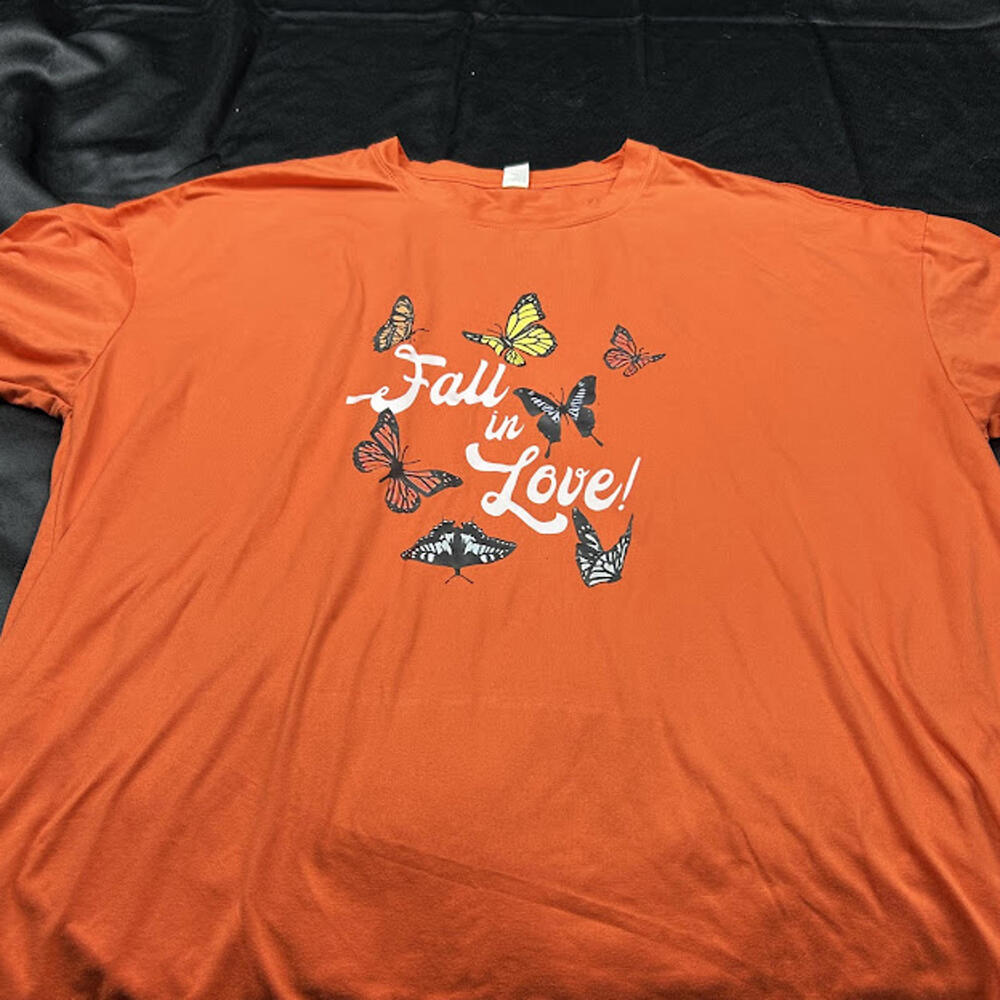 Womens Orange "Fall in‎ Love" Short Sleeve Shirt with Butterflies Size L